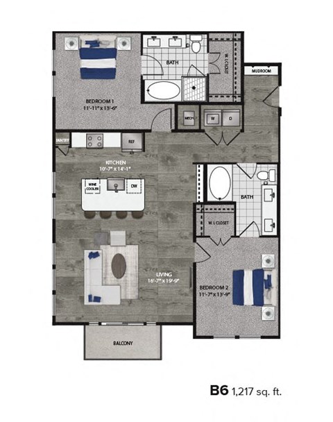 Floor plan for 2 beds, 2 baths, 1217 sqft